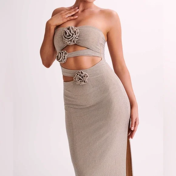 Meshki-  Stassie embellished Nude Strapless Flower Rose Diamante Maxi Dress - Picture 17 of 17